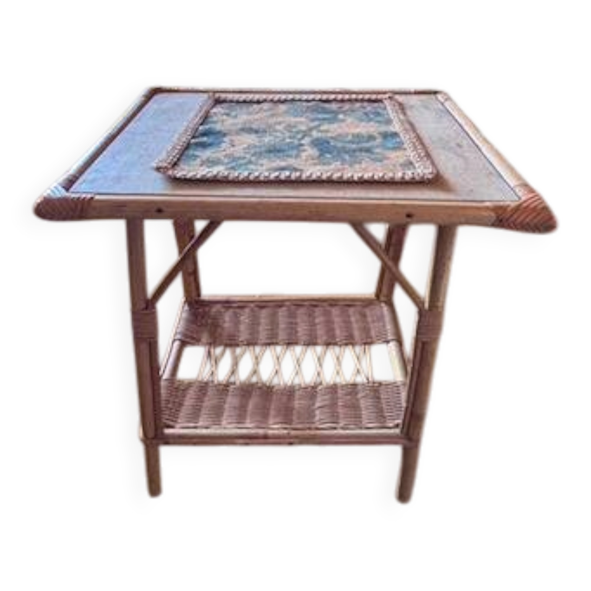 Vintage bedside table in bamboo and rattan with decorative top.
