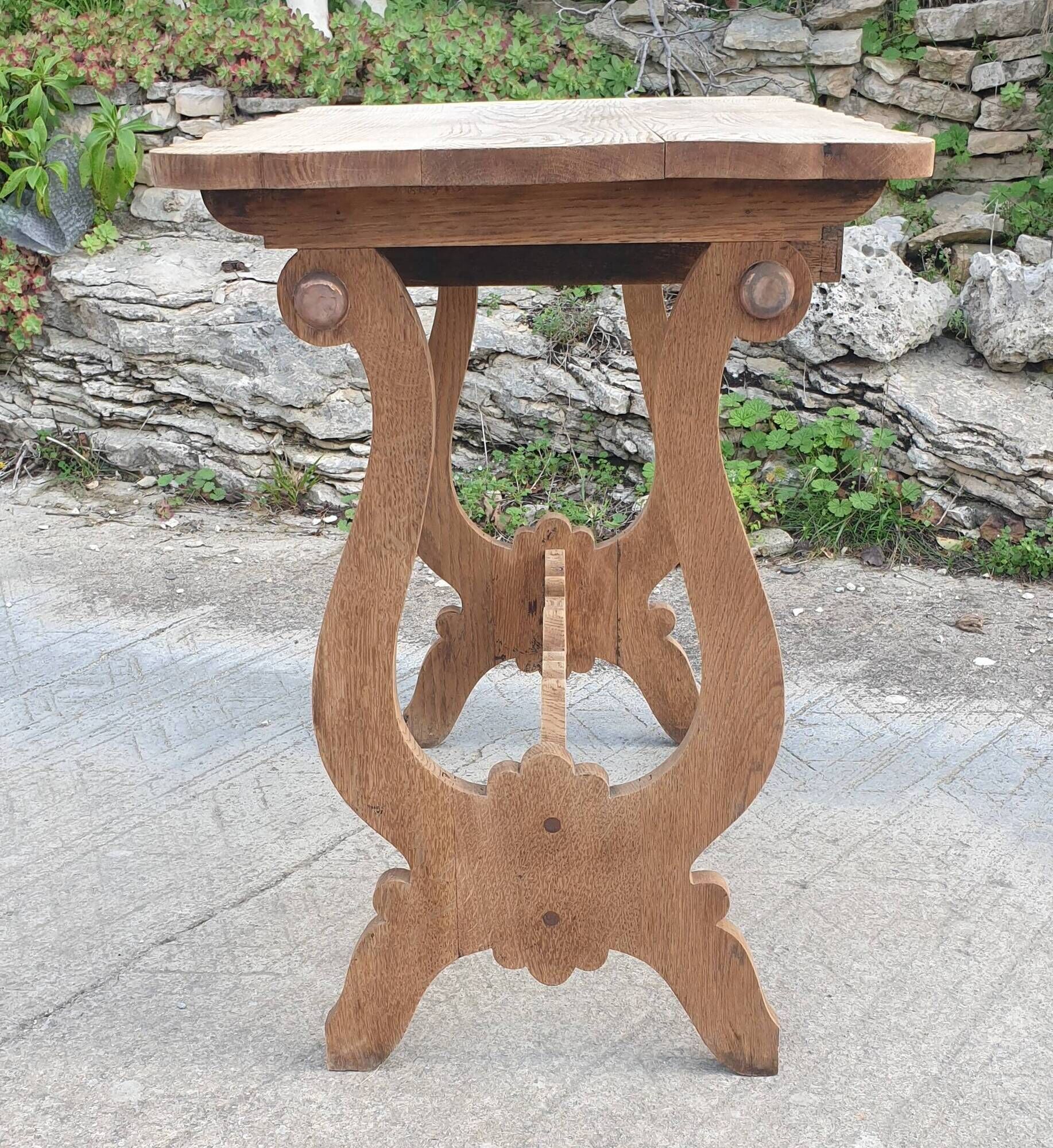 Lyre leg table in natural wood, one drawer, vintage