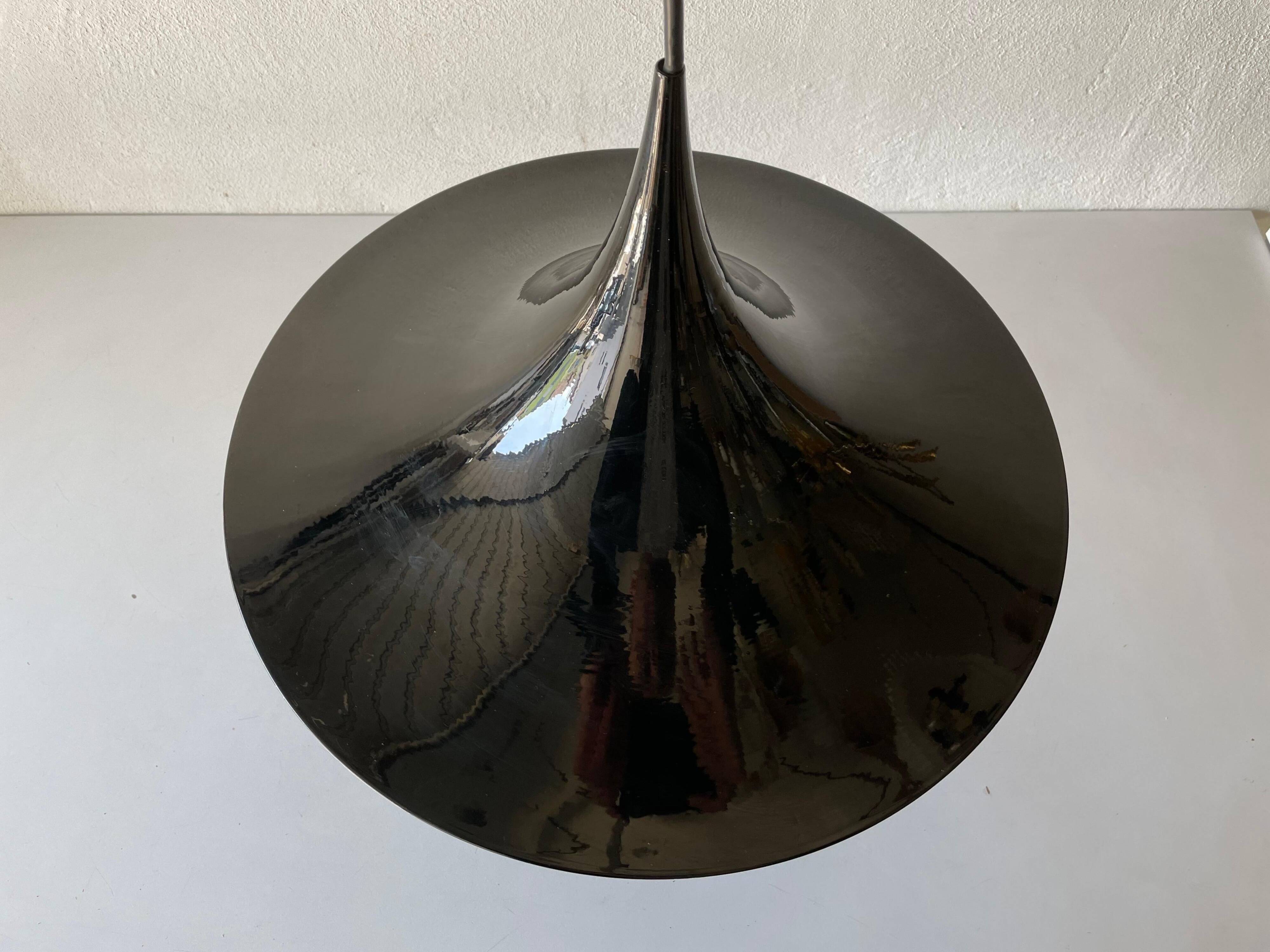 Black metal pendant lamp with trumpet design, 1960s, Italy.