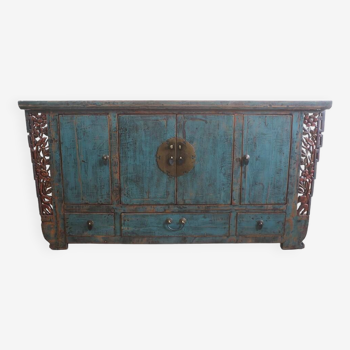 Vaisselier ancien en bois laqué bleu 175cm (C65.310)