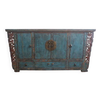 Vaisselier ancien en bois laqué bleu 175cm (C65.310)