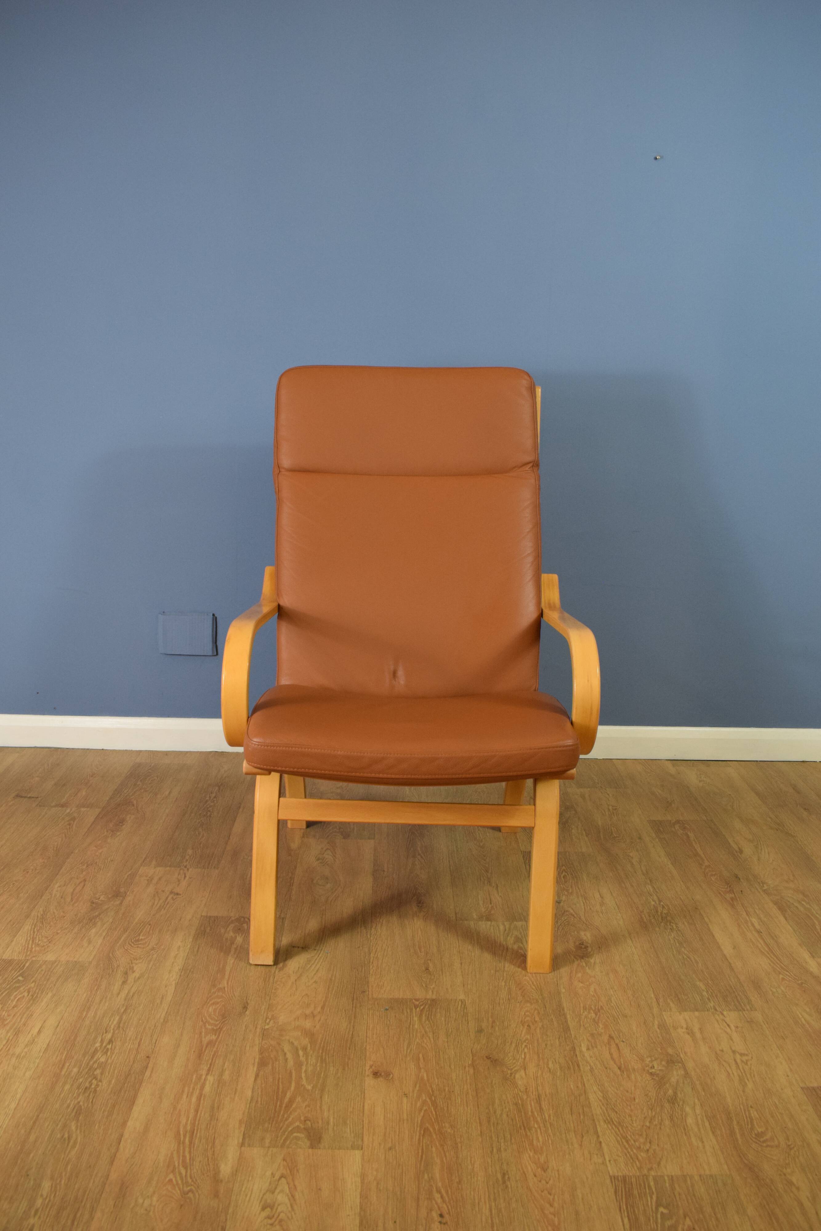 Pair of mid century retro vintage danish tan leather lounge armchair  1970s