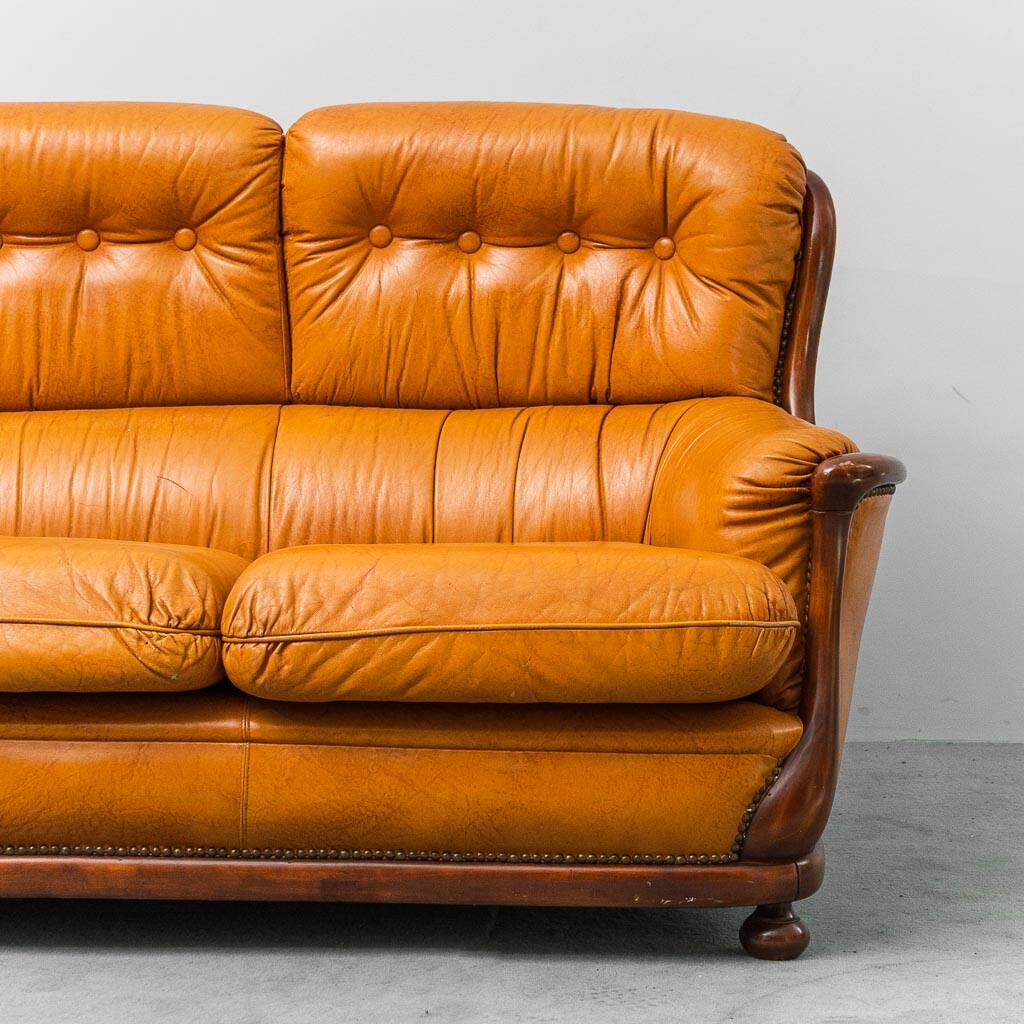 3-seater leather and wood sofa, 1950s vintage modernism