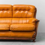 3-seater leather and wood sofa, 1950s vintage modernism