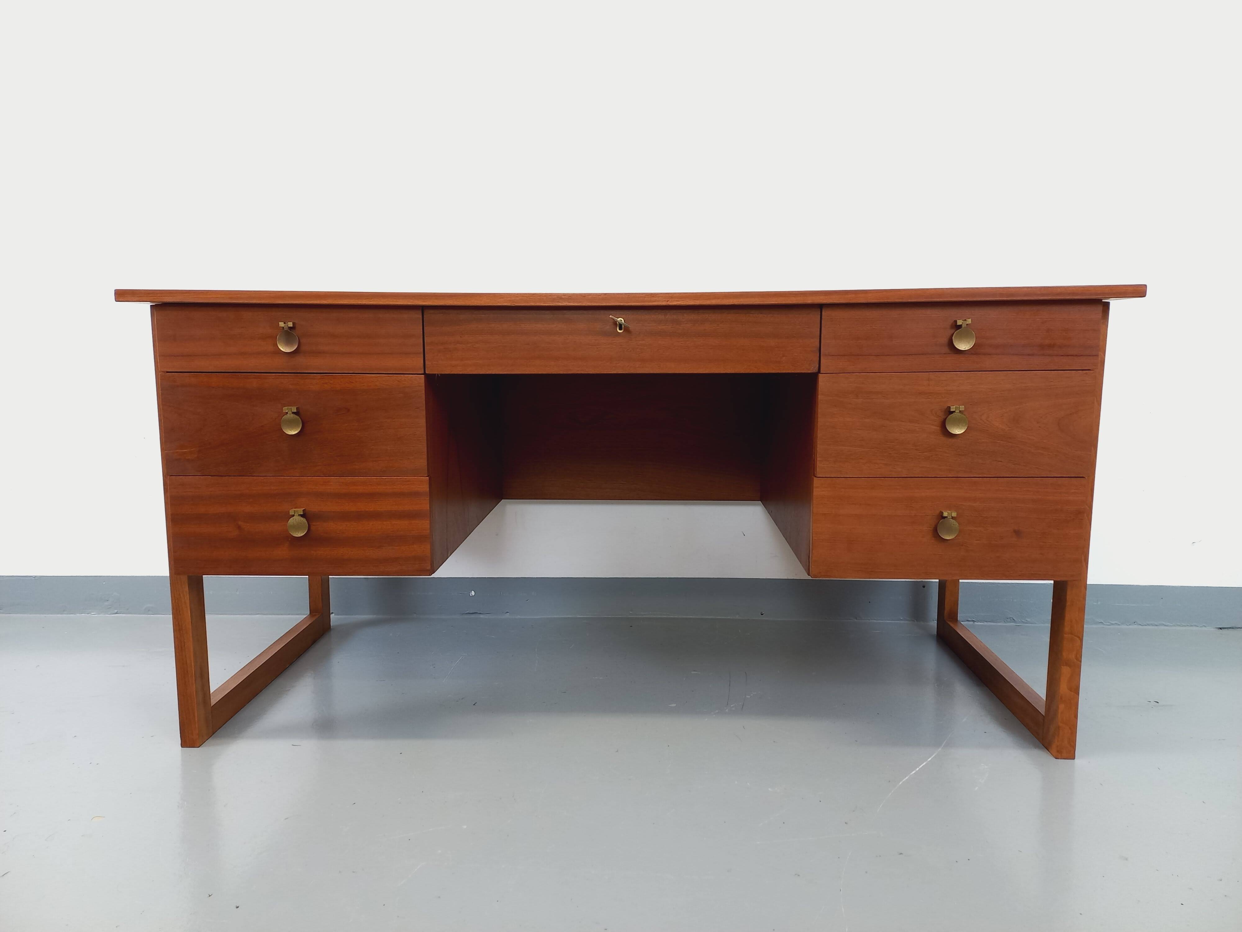 Double-sided executive desk sled legs vintage Scandinavian style in teak from the 60s