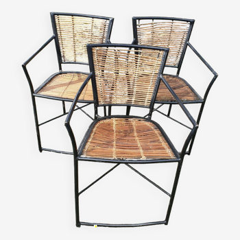 3 welded metal and rattan armchairs
