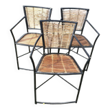 3 welded metal and rattan armchairs