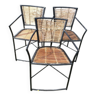 3 welded metal and rattan armchairs