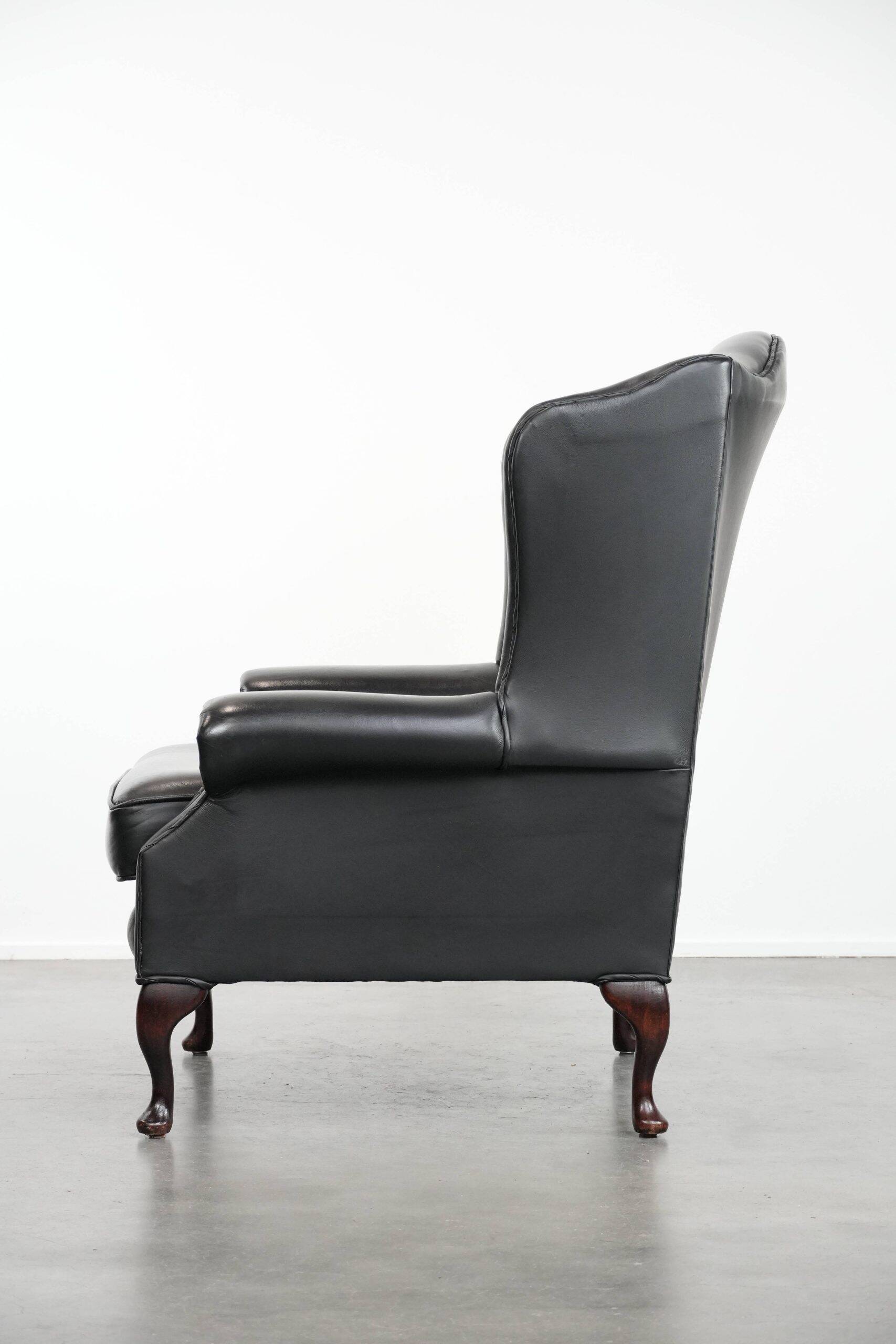 Black cowhide leather Chesterfield wingback chair in English style