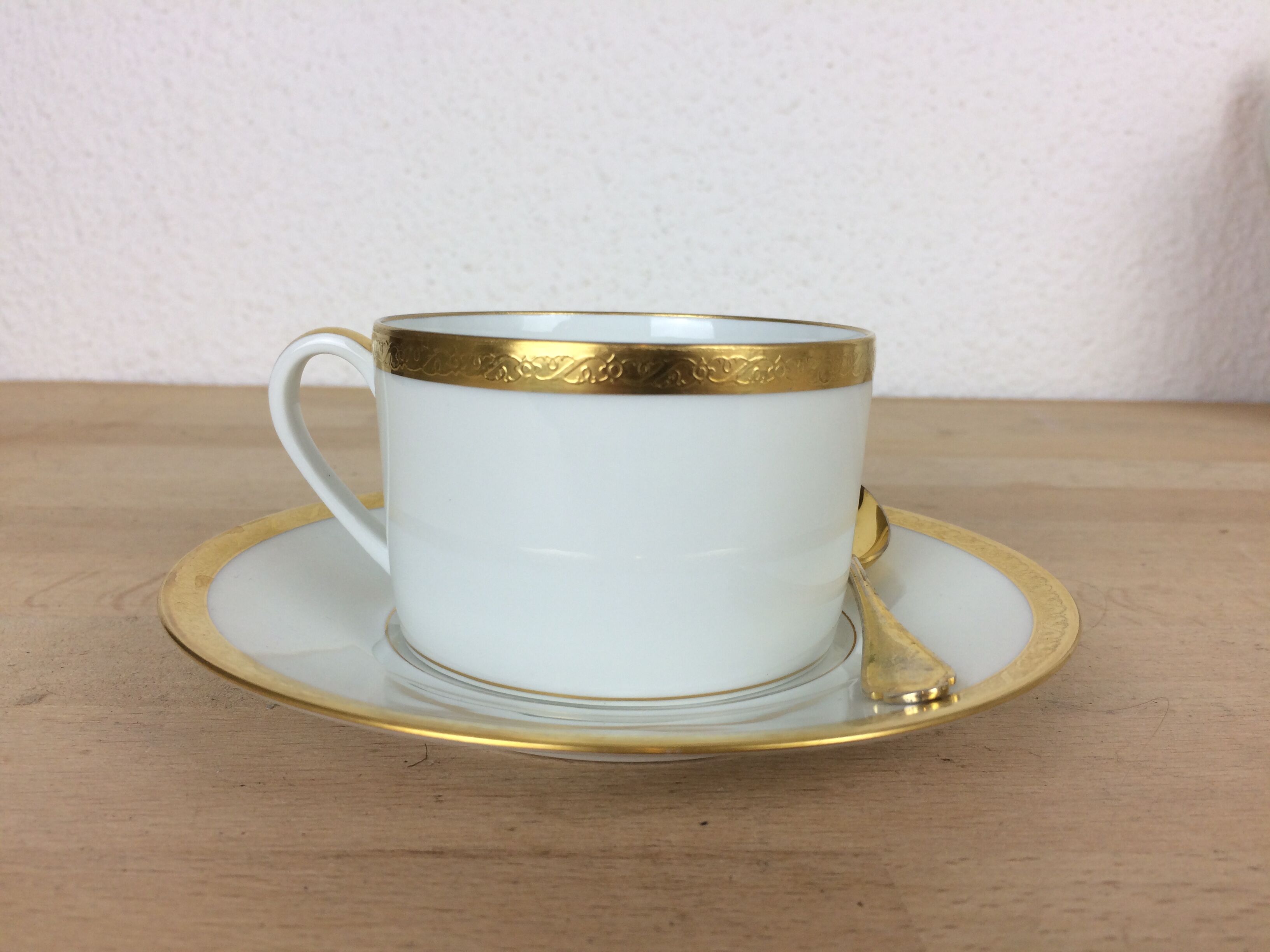 Porcelain tea set A. Vignaud Limoges and mocha spoons Christofle Alfénide