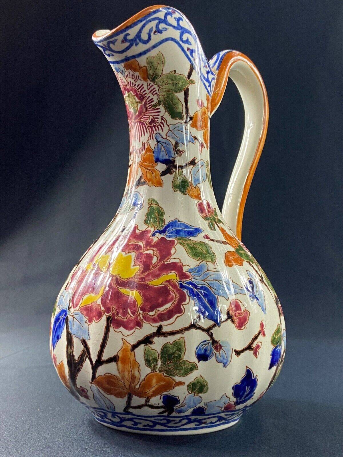 Large Gien earthenware ewer pitcher with Peonies decor