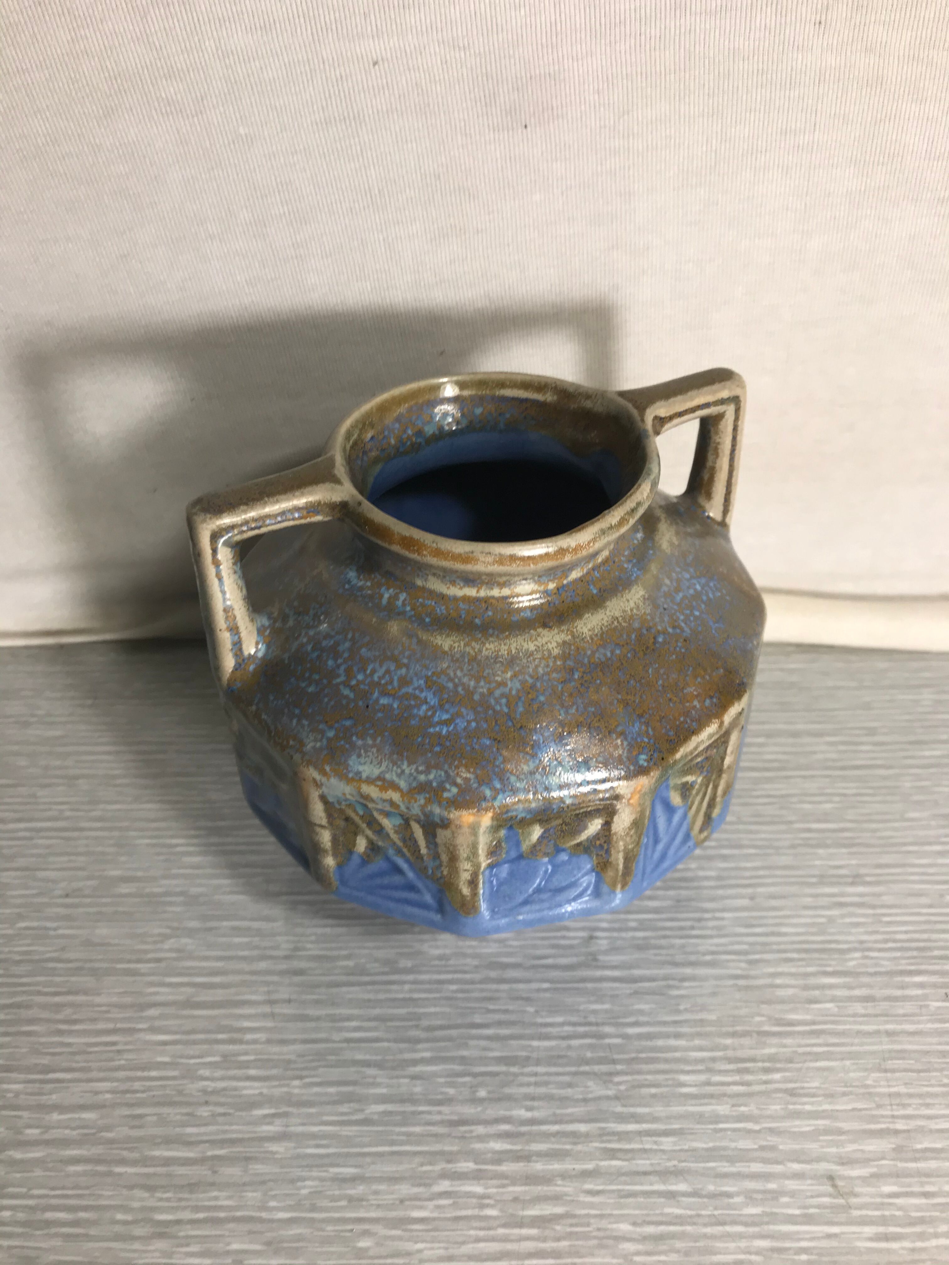 Ancient ART DECO Ceramics Blue Beige Vase Anses 30 Vintage