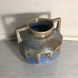 Vase ancien art deco céramique bleu beige avec anses années 30 vintage
