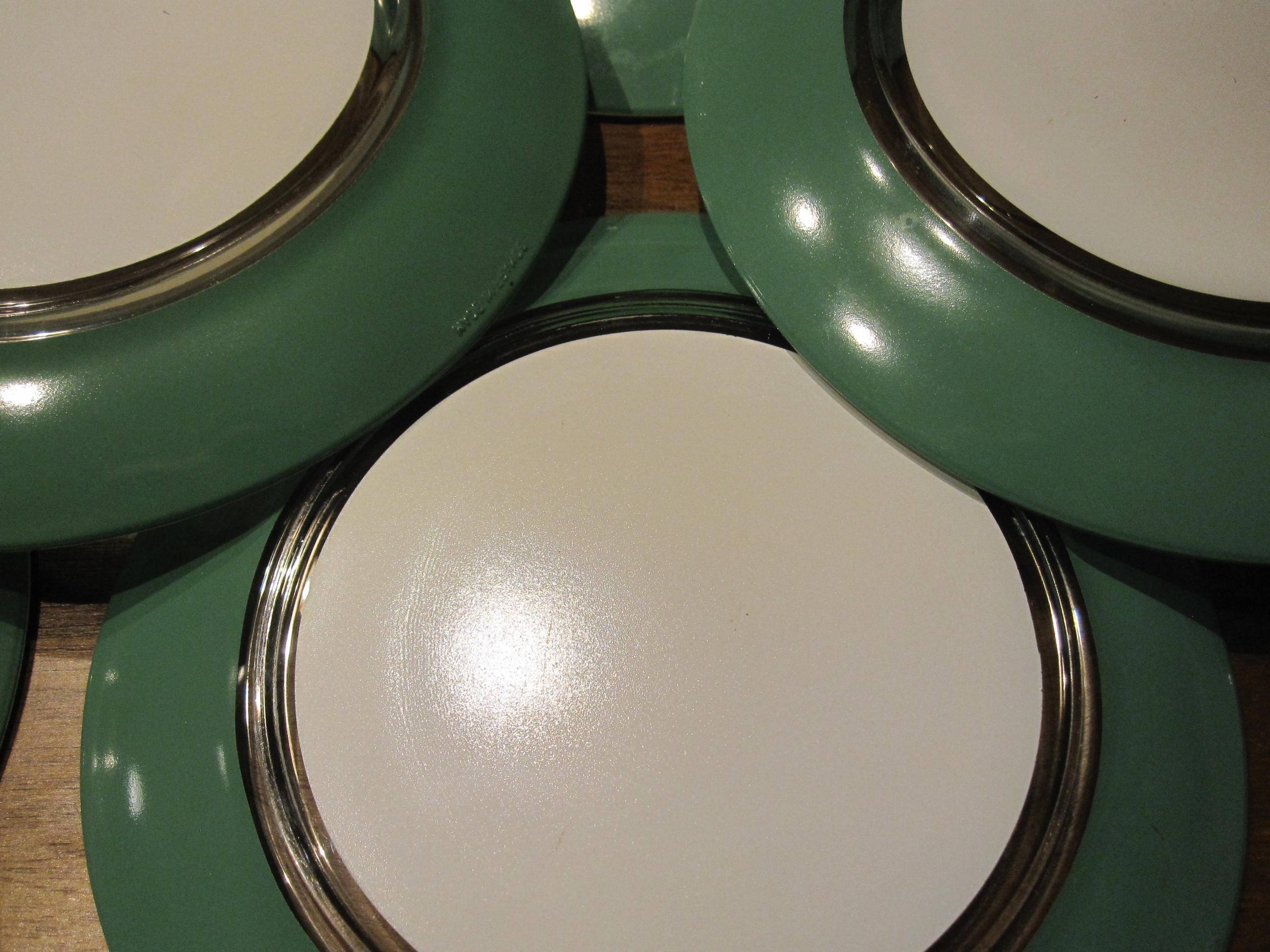 8 small vintage green and white duralex plates