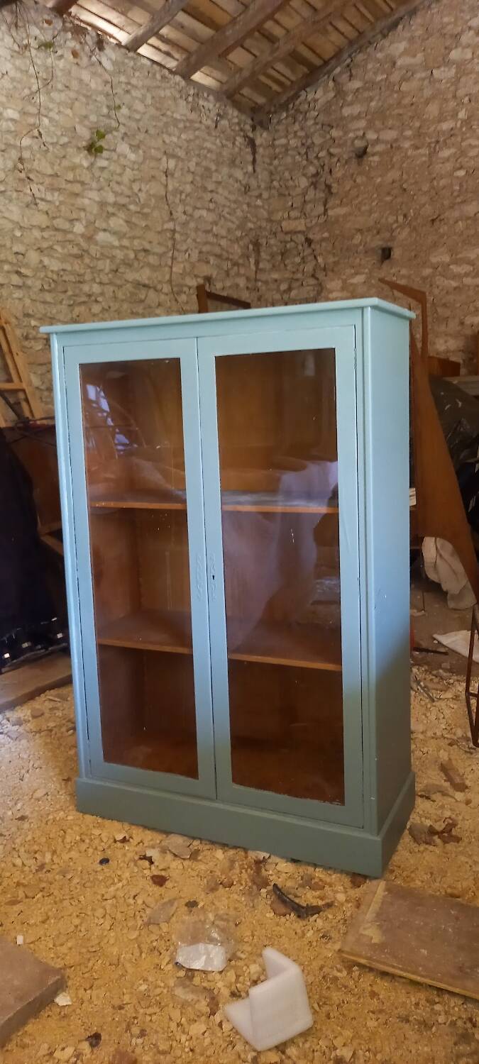 Green patina wooden display cabinet