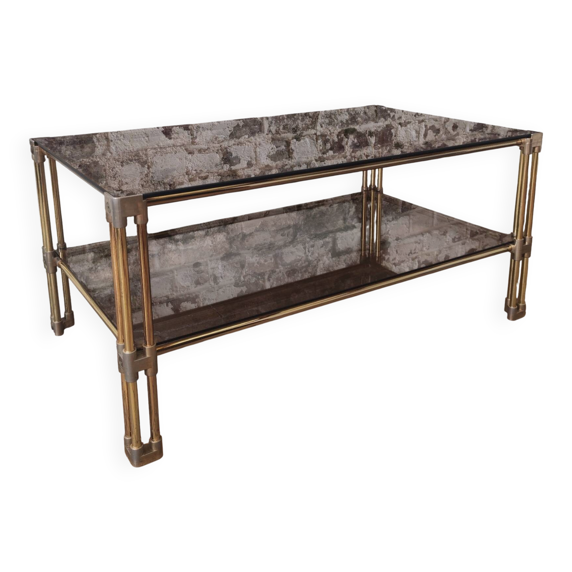 Table basse double plateau vintage en laiton et verre fumé – Années 70