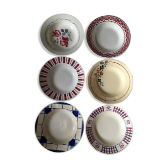 Ensemble six assiettes creuses  anciennes dépareillées en rouge et bleu