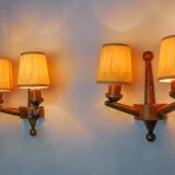 Pair of two-armed art deco wall lights, carved wood, France, 1960