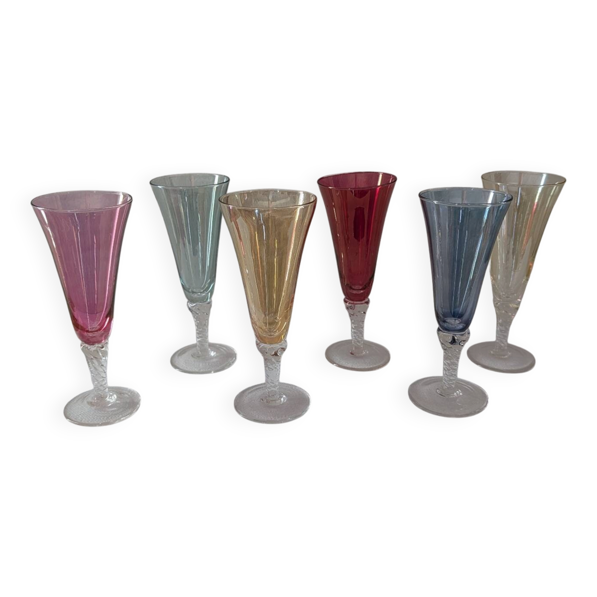 6 coloured glass champagne flutes from the 1950s