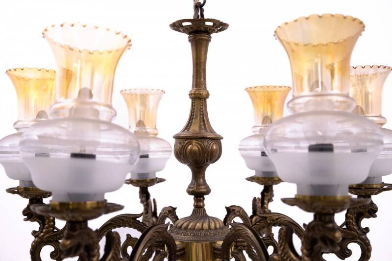 Six-arm brass chandelier from the early 20th century, Poland.