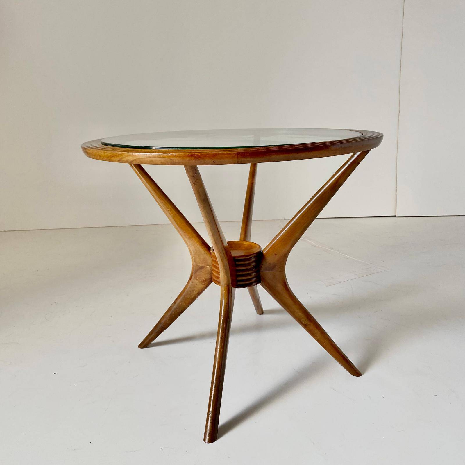 Curved Wood Spider Leg Coffee Table, Wood & Glass, Italy 1950s