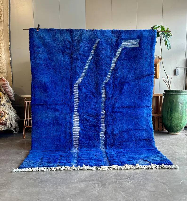 Handmade Moroccan rug blue 210x300 cm – | Geometric rug with checkerboard pattern | Boho vintage interior decoration