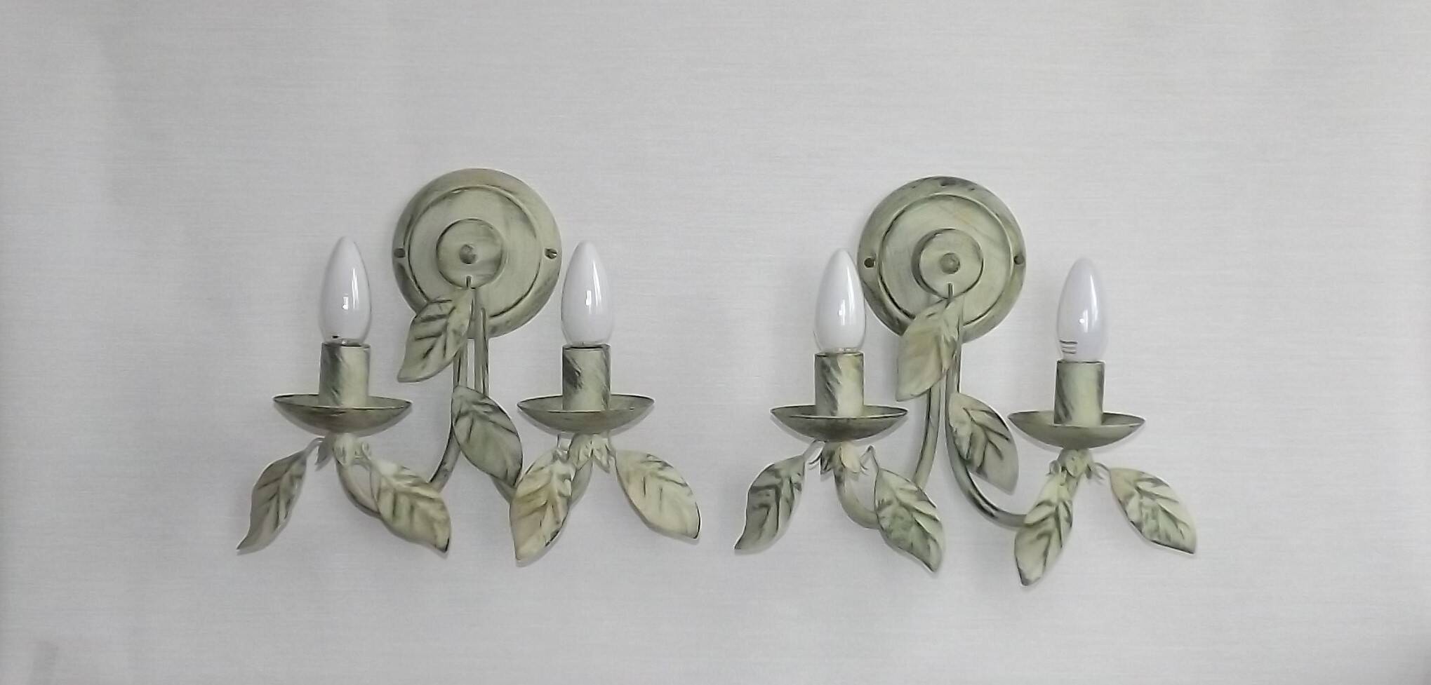 Pair of Vintage Italian Double Wall Lights Leaf Detail Green & Gold Finish
