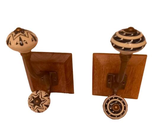 Duo of coat hooks, coat racks in wood and bronze porcelain