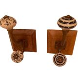Duo of coat hooks, coat racks in wood and bronze porcelain