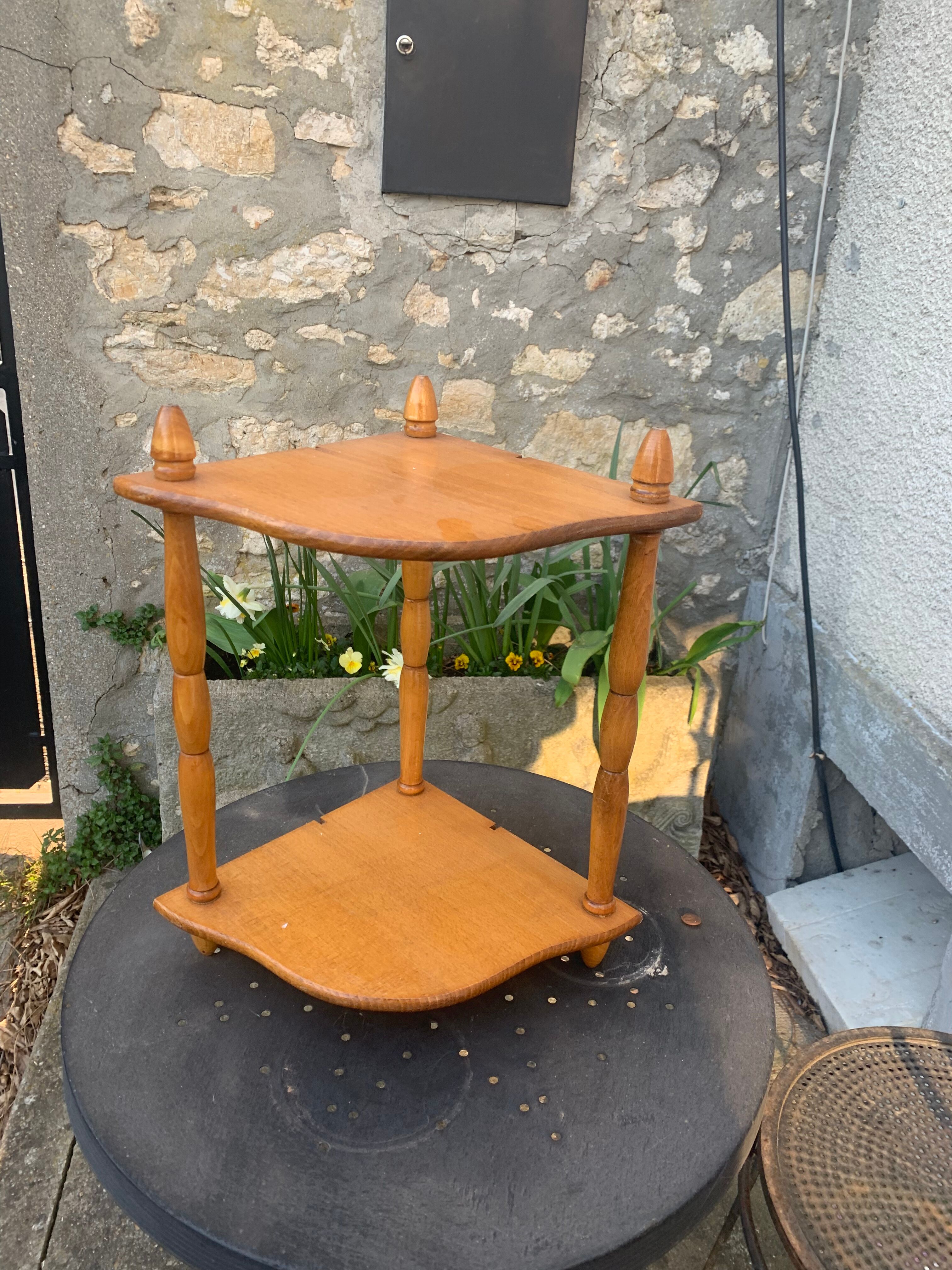 Wall shelf, 2 floors turned wood vintage light varnished