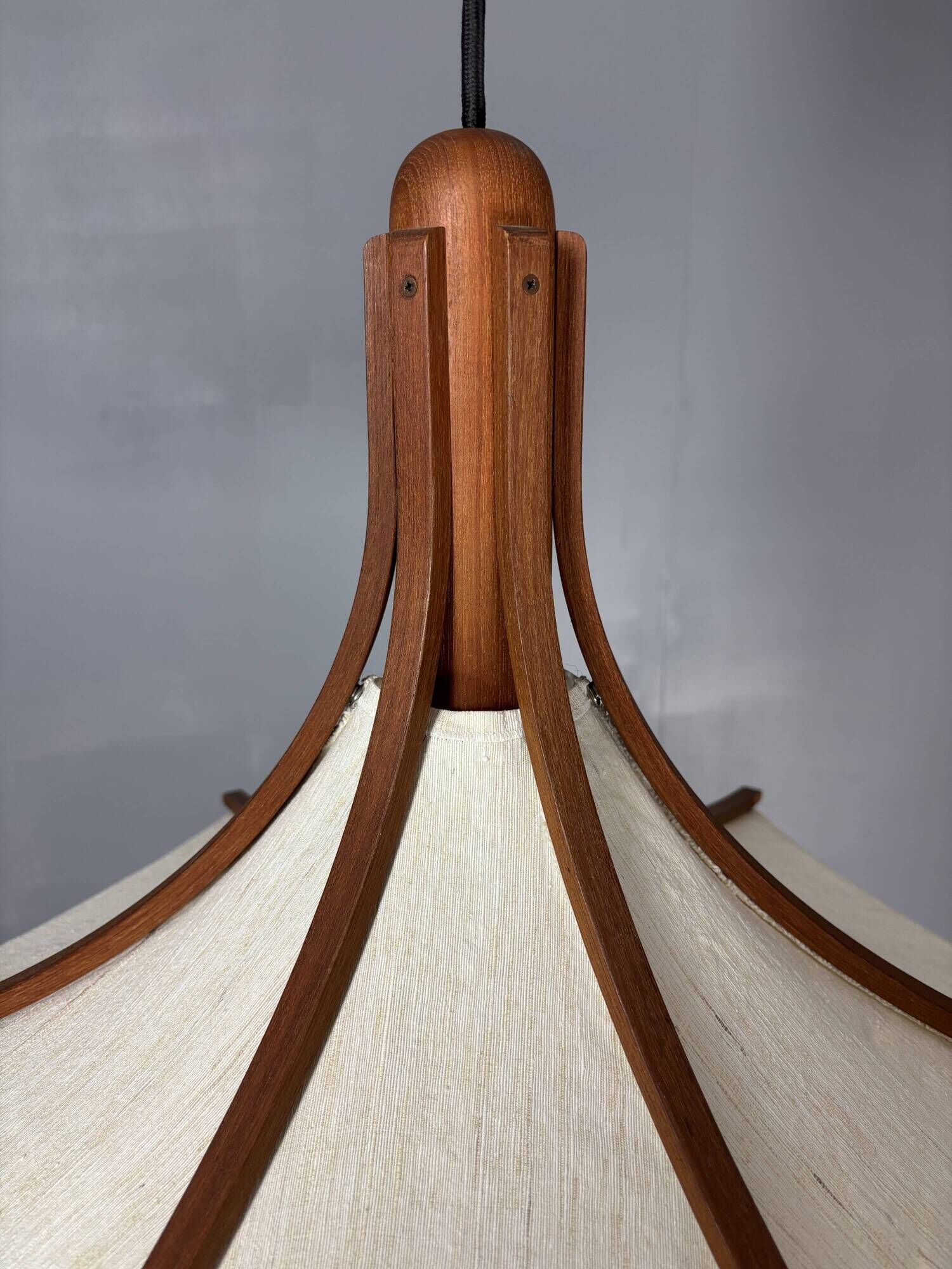 Teak And Linen Umbrella Counter Balance Pendant By Domus, 1970s