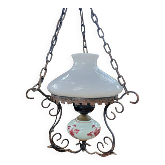 Lustre ancien fer forgé,  verre et faïence