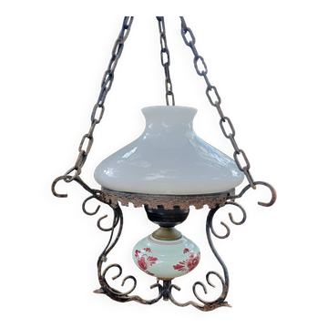 Lustre ancien fer forgé,  verre et faïence