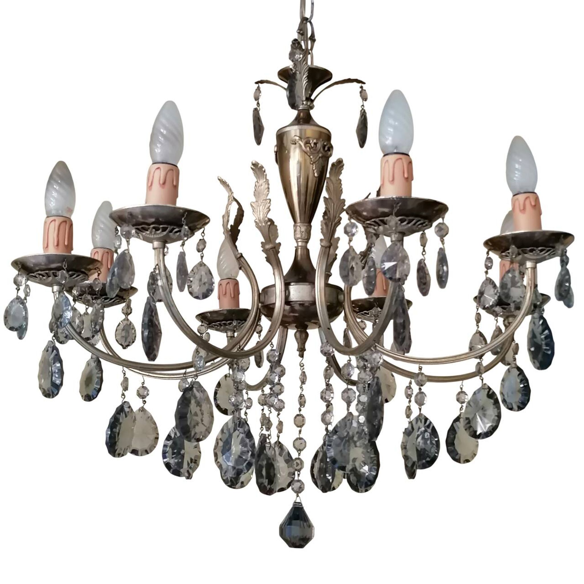Lampadario a otto luci con pendenti in cristallo fumé, anni '50