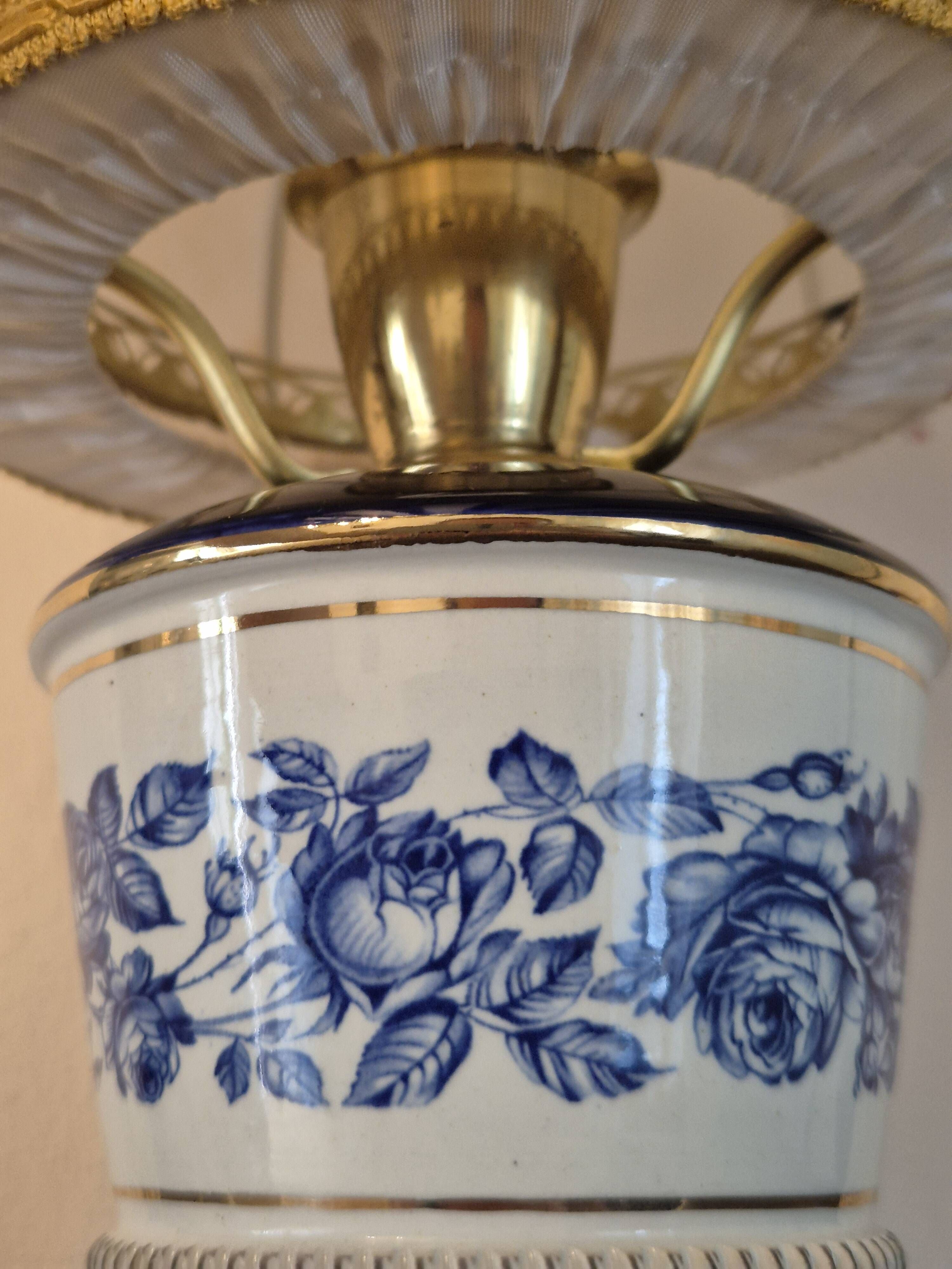 Italian Porcelain Table Lamp - Hand-painted,  blue and white floral