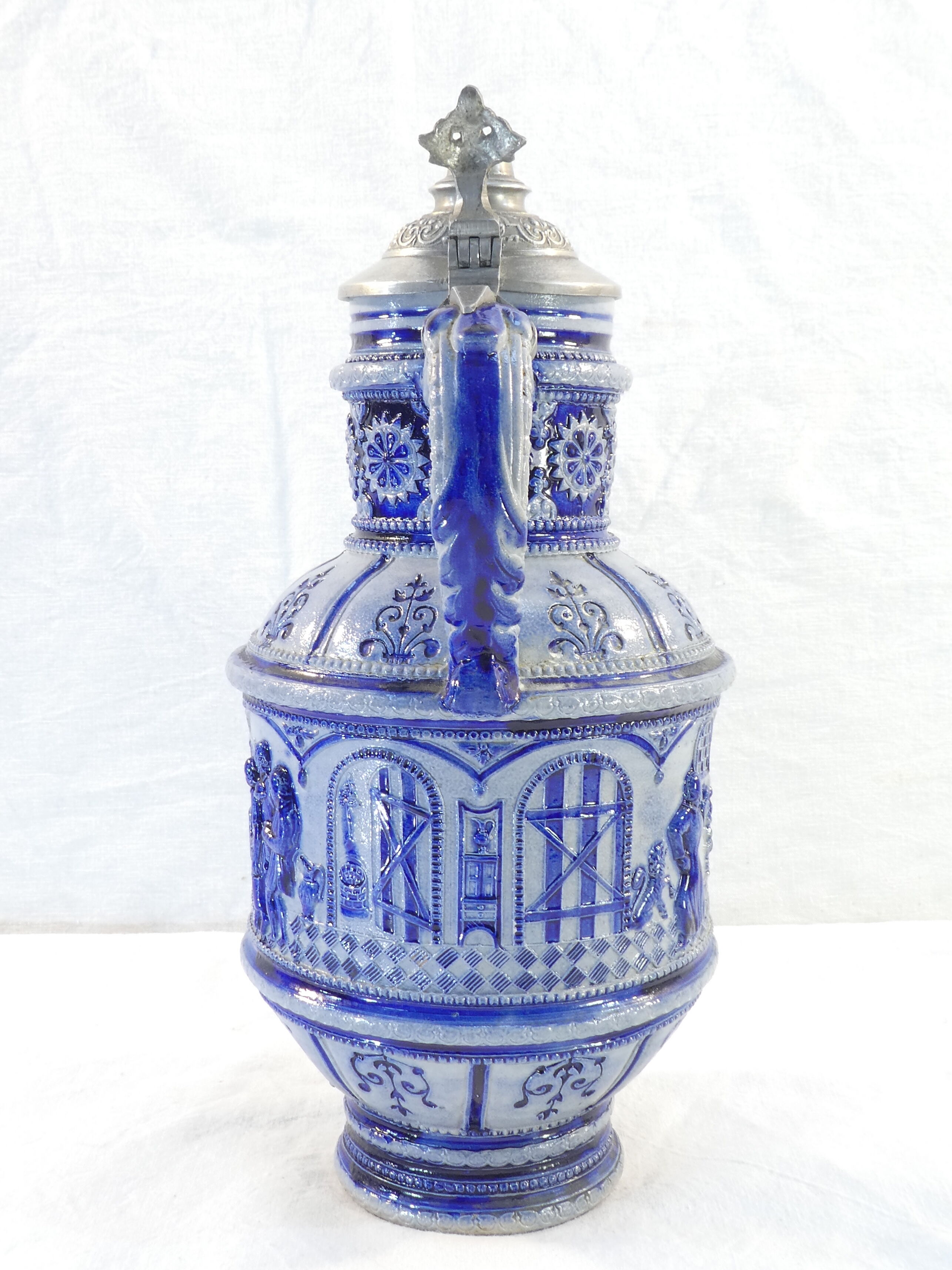 Large pitcher with gres Blue Ceramic ALLEMENAND WESTERWALD Meal scene