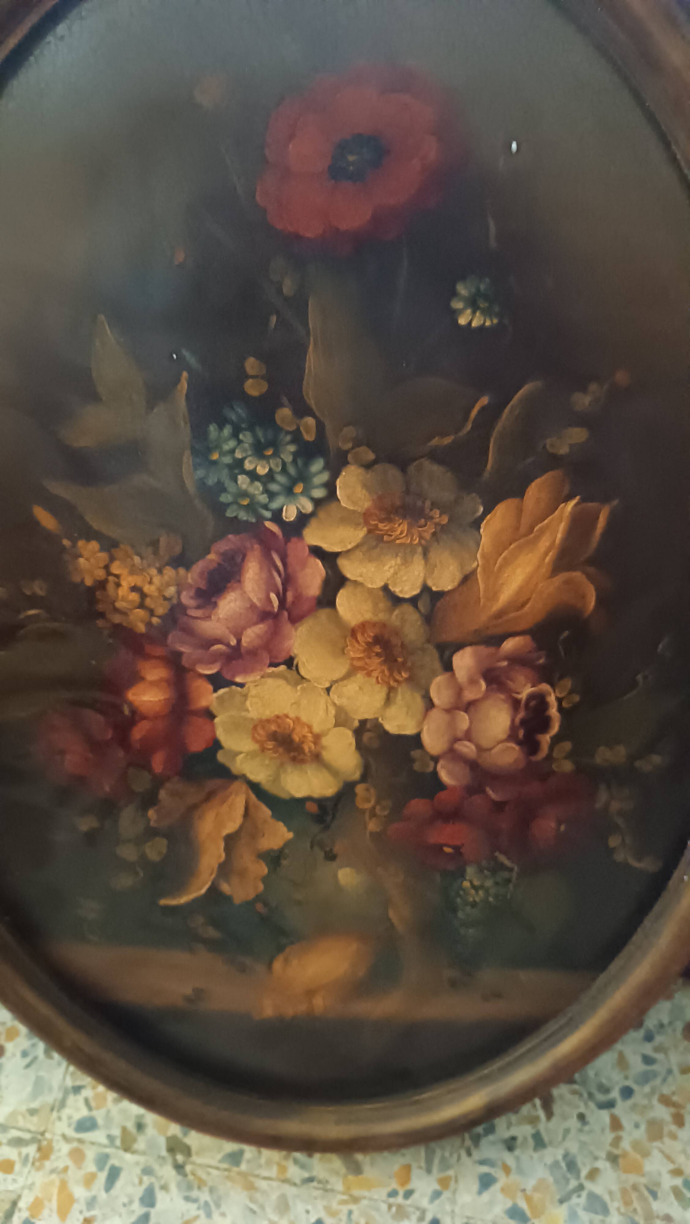 Peinture huile sur panneau ovale fleurs