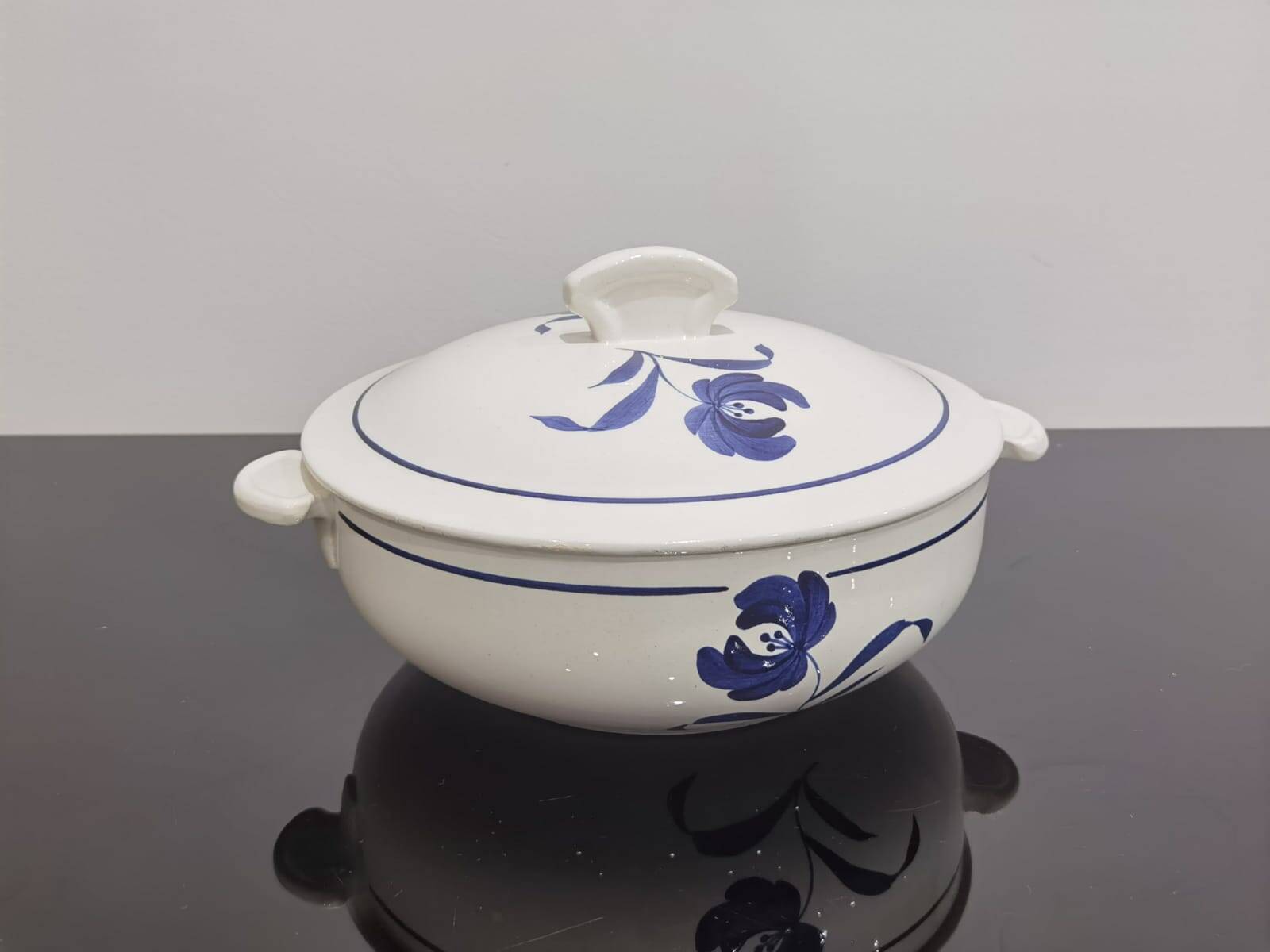 Old earthenware tureen with blue flower, Moulin des loups and hamage France, model