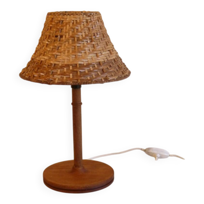 Lampe danoise en teck et rotin tréssé 1960