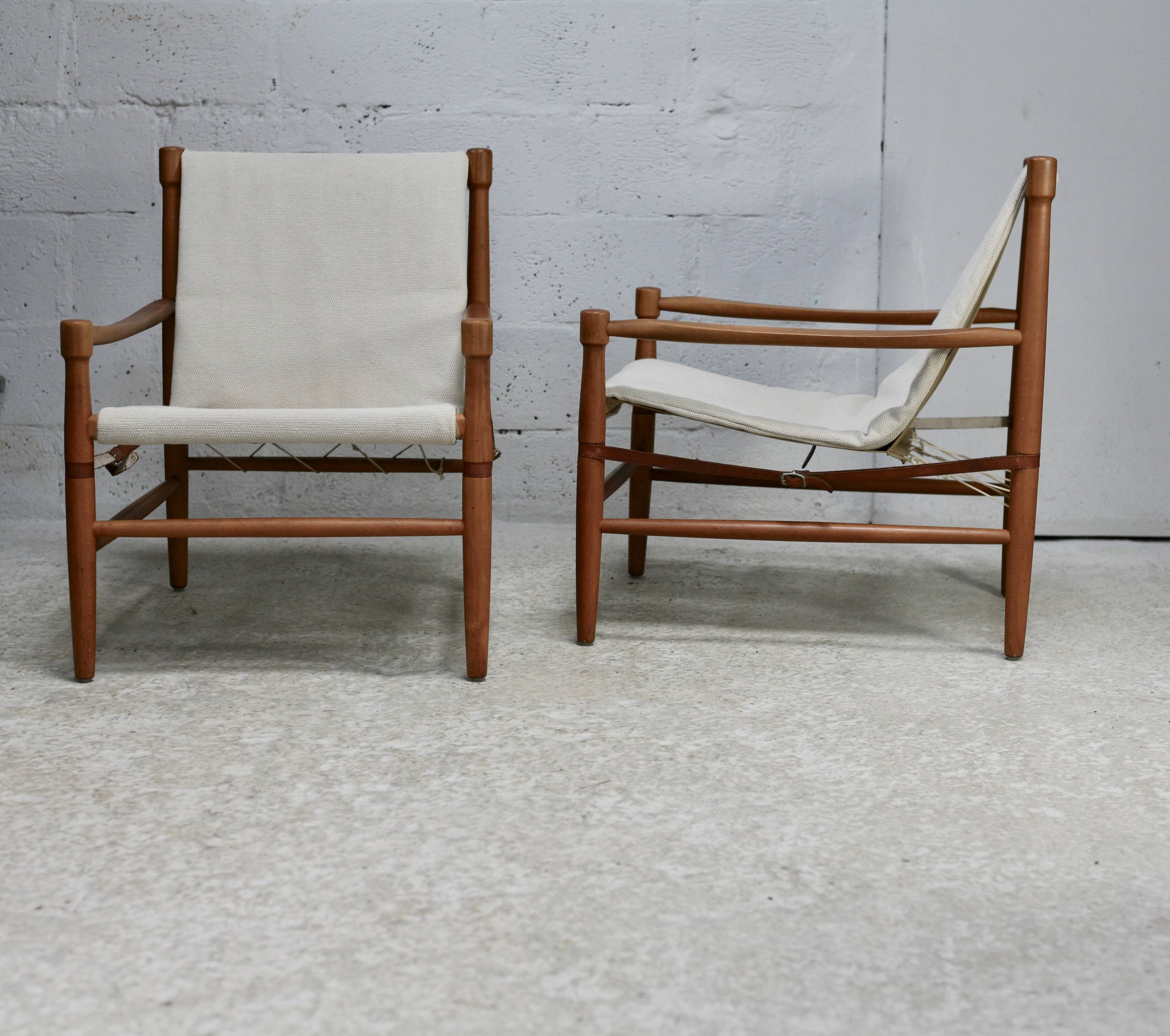 Olav Hodnebo, Suède, Circa 1960: paire de fauteuils scandinaves, toile, bois, corde et cuir.