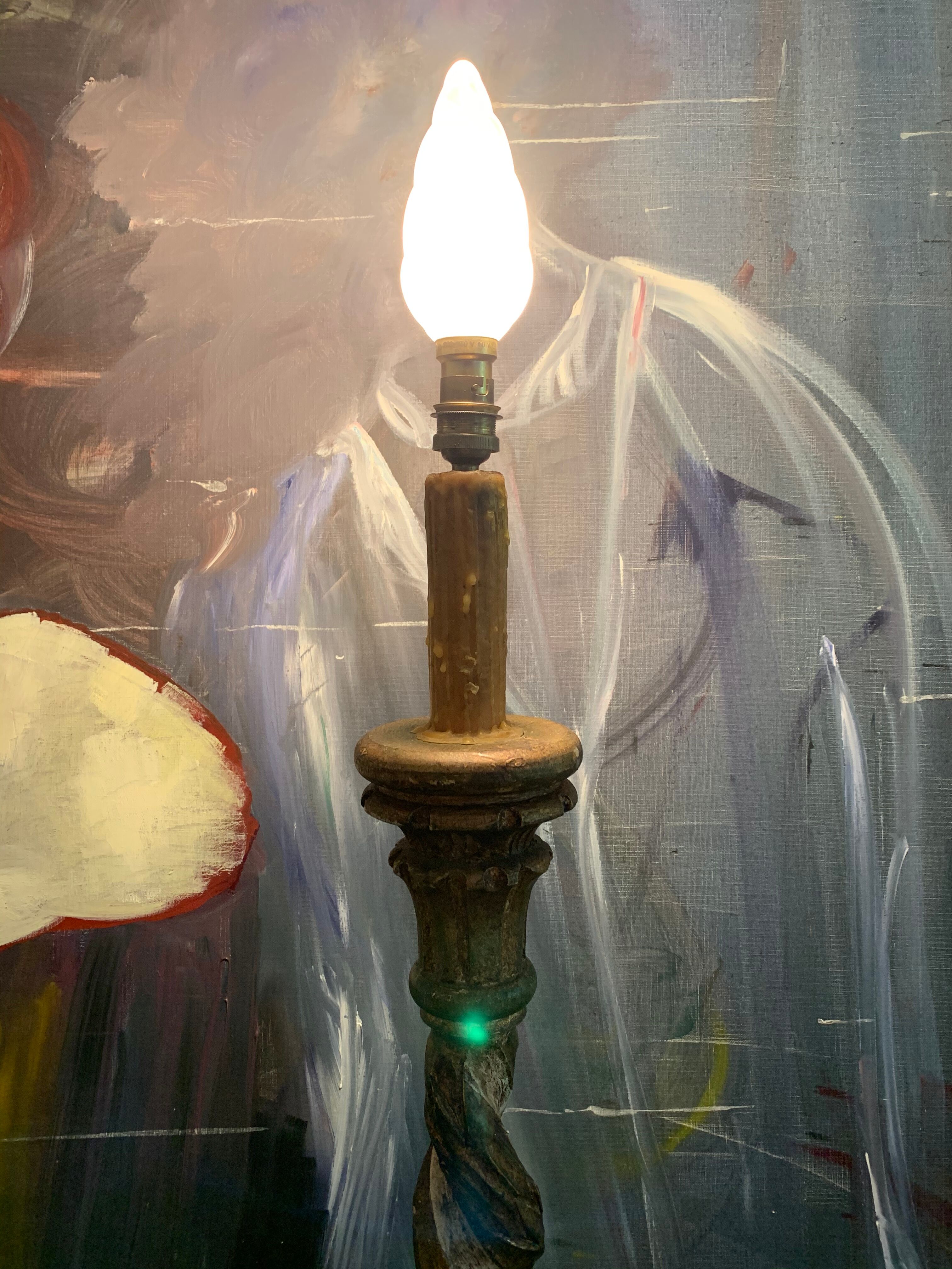 Pique candle lamp lamp in polychrome wood early 20th