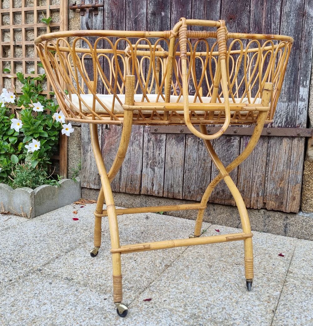 Rattan and bamboo cradle, vintage, 60s