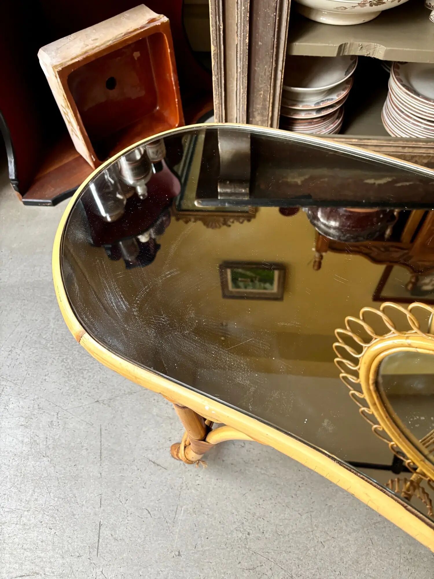 Bamboo, rattan and mirror dressing table with lighting in the style of Audoux-Minet, 1960s.