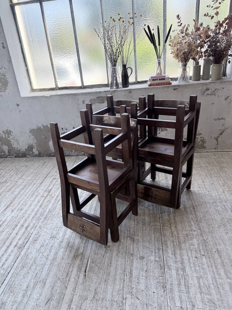 Set of 4 Savoyard pine folk art chairs from the 1950s.