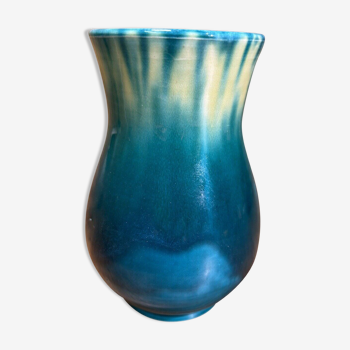 Vase ancien céramique émaillée bleu, blanc, signé Accolay XXème