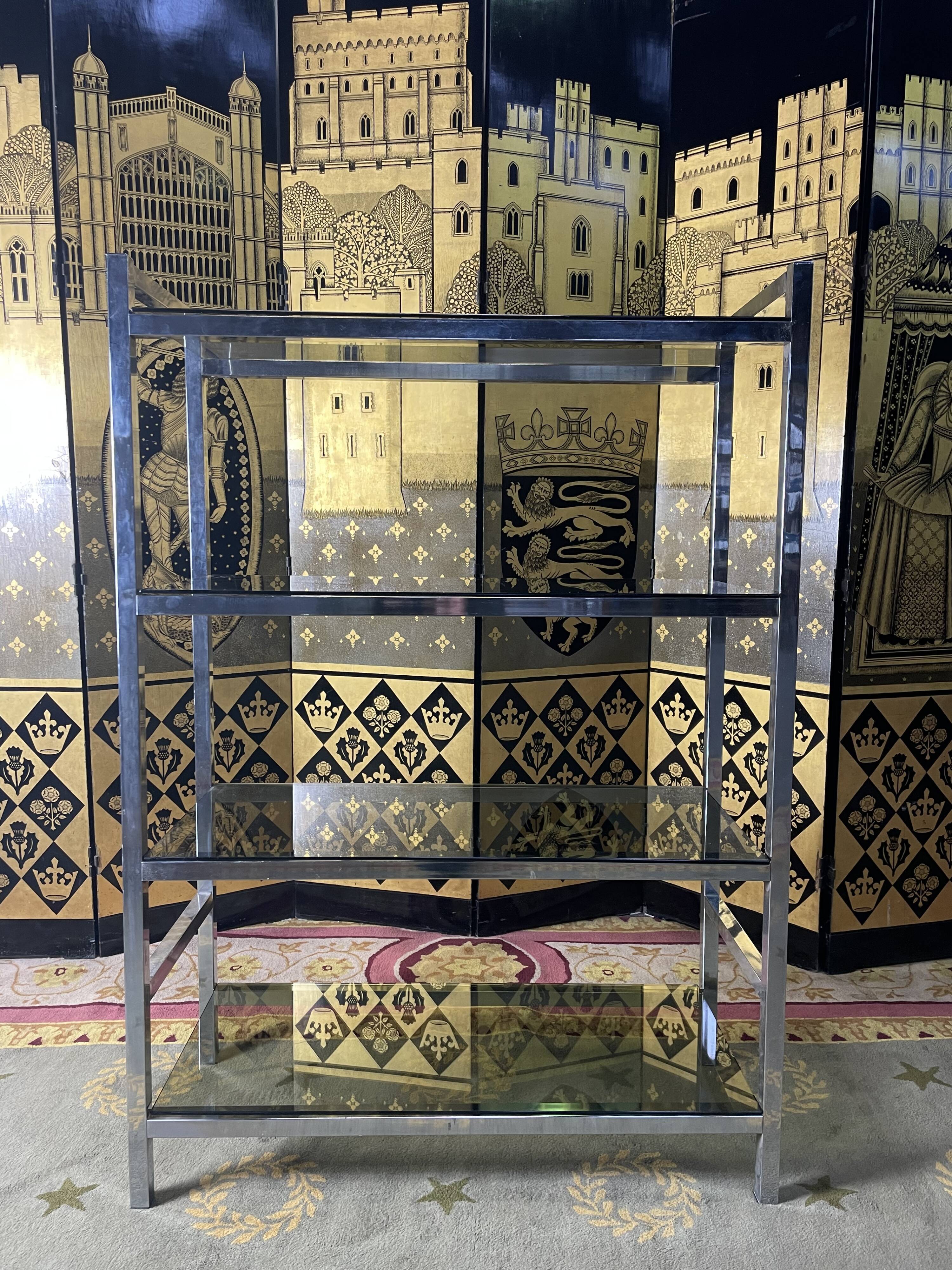 Shelf in chromed metal and smoked glass 1970