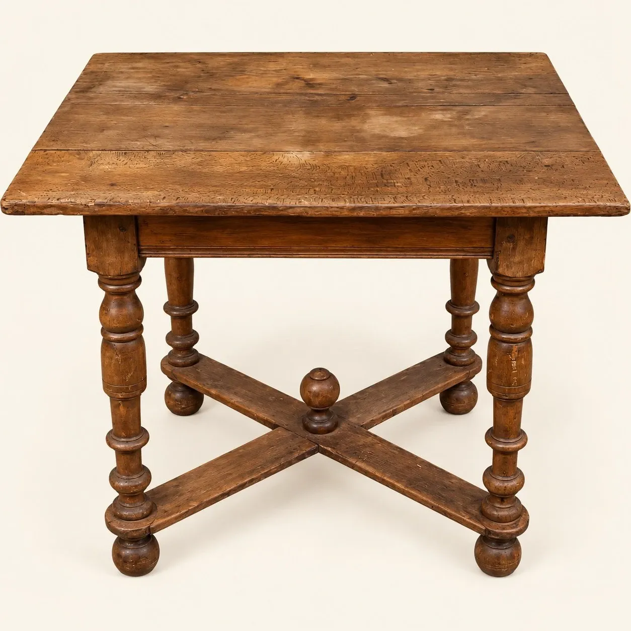 Louis XIII side table, solid oak, turned legs, 17th century.