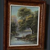 Oil on panel riverside landscape by J. Audry 20th century