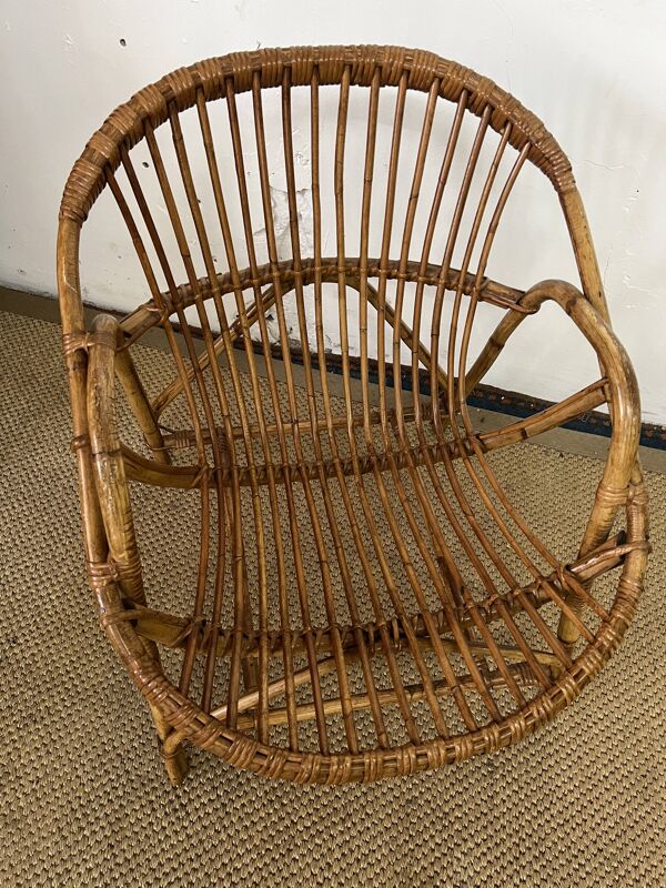 Fauteuil corbeille en rotin des années 60-70