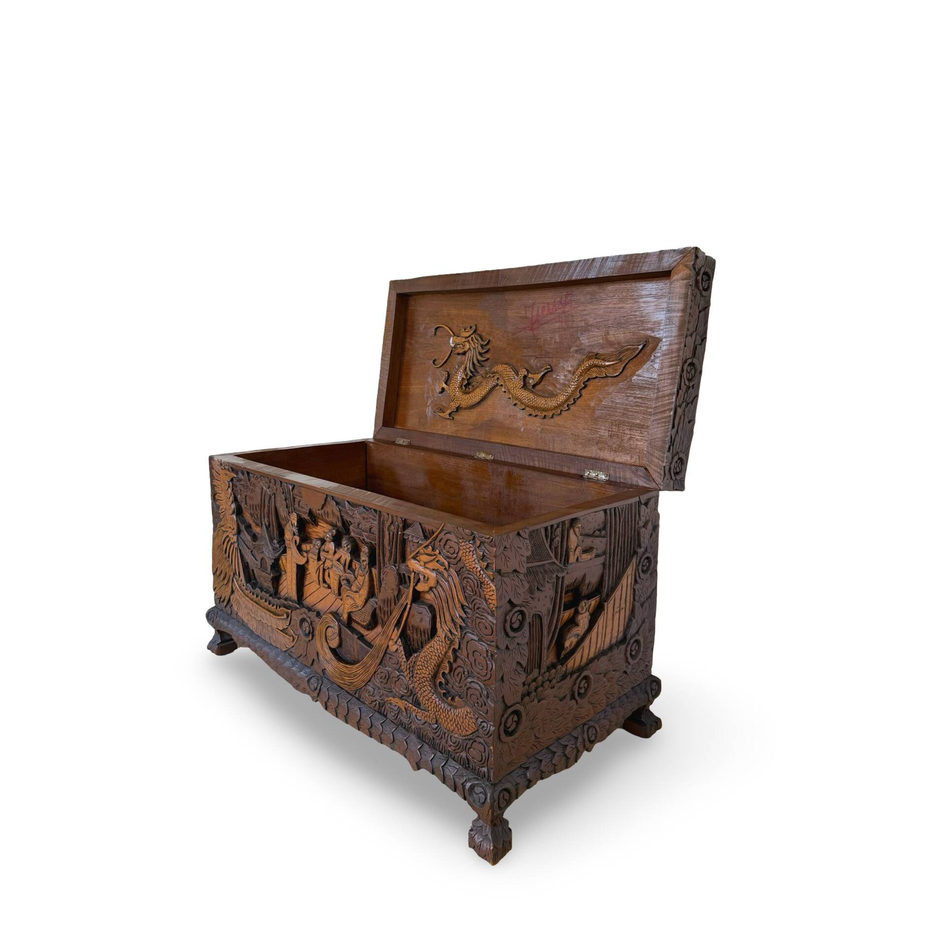 Antique Chinese Carved Export Chest – Dragon, Phoenix & Landscape Deco